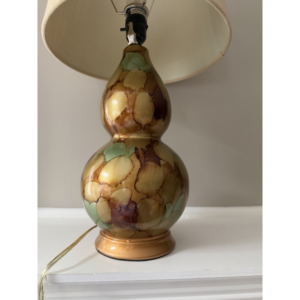 Decorative Gourd Table Lamp Green Gold Brown Glaze Ceramic Style w Shade - Picture 4 of 9